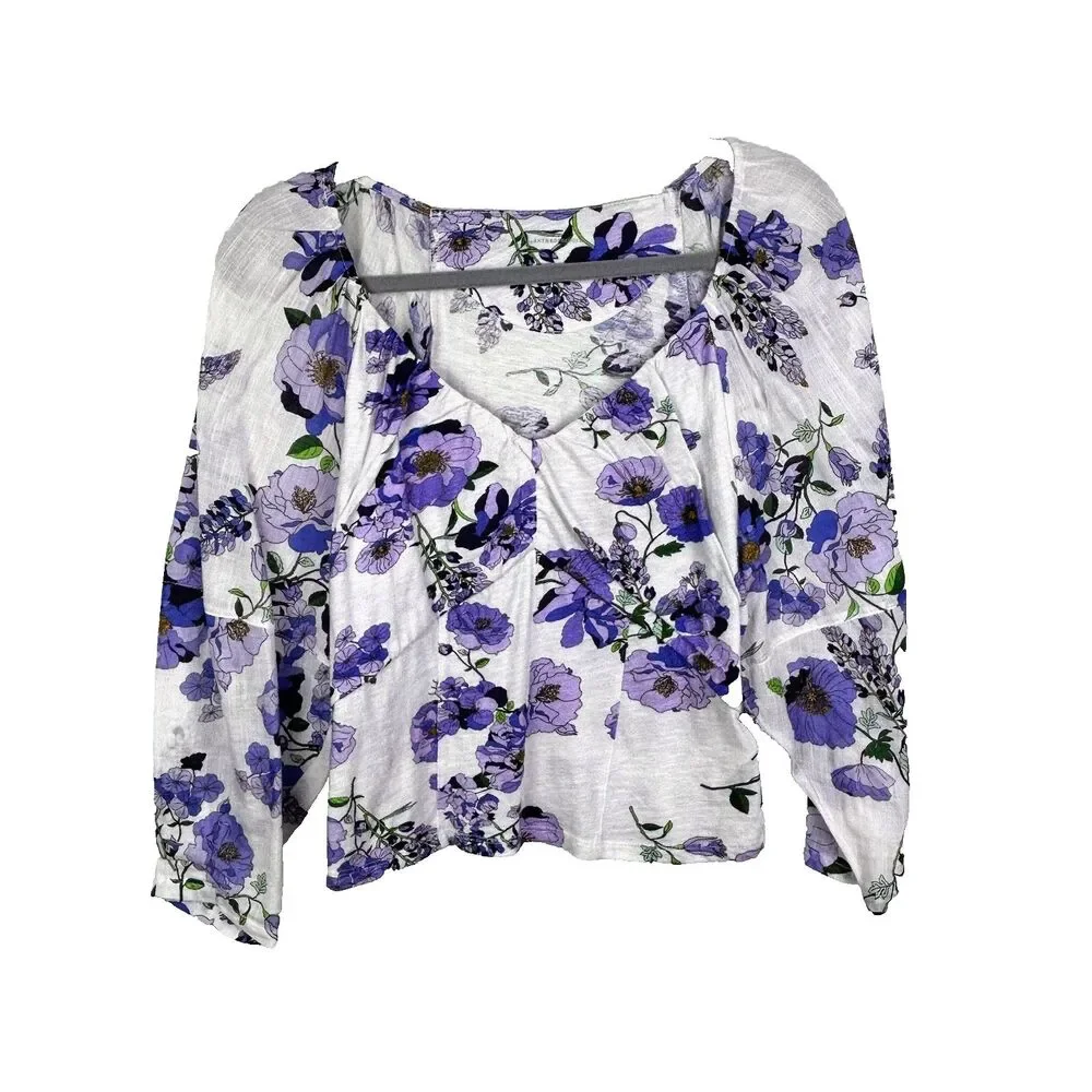 Anthropologie Purple White Floral Ruched Balloon Sleeve Top Cotton Knit Boho M